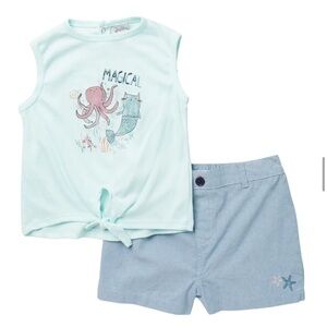 Quiltex 2 piece tank top set mermaid starfish sea aqua chambray shorts size 2T